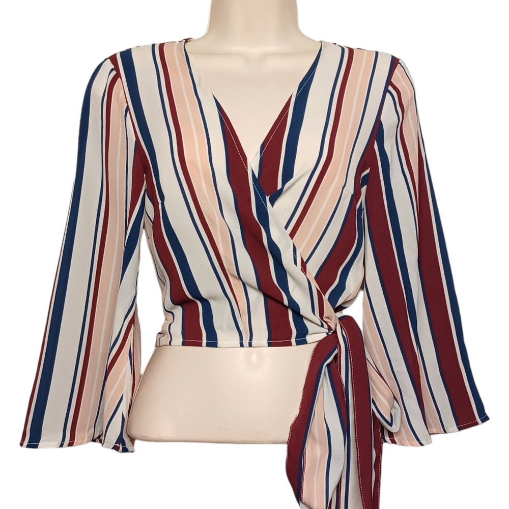FOREVER 21 Peach Tan Red Blue White Stripe Print Wide Sleeve Wrap Top Small